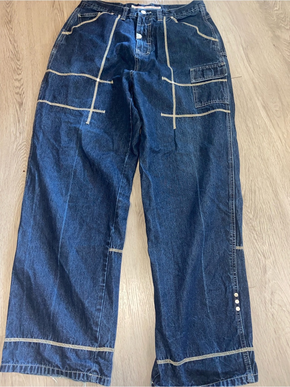 Y2K/90s Men's Dark Blue Straight Leg Denim Jeans with Contrast Stitching